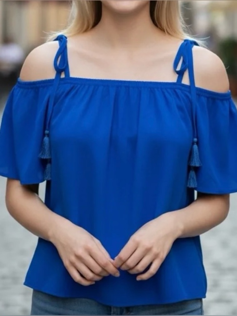 J. Crew Royal Blue Cold Shoulder Flowy Tassel Tie Strap Blouse Top Size 2 XS